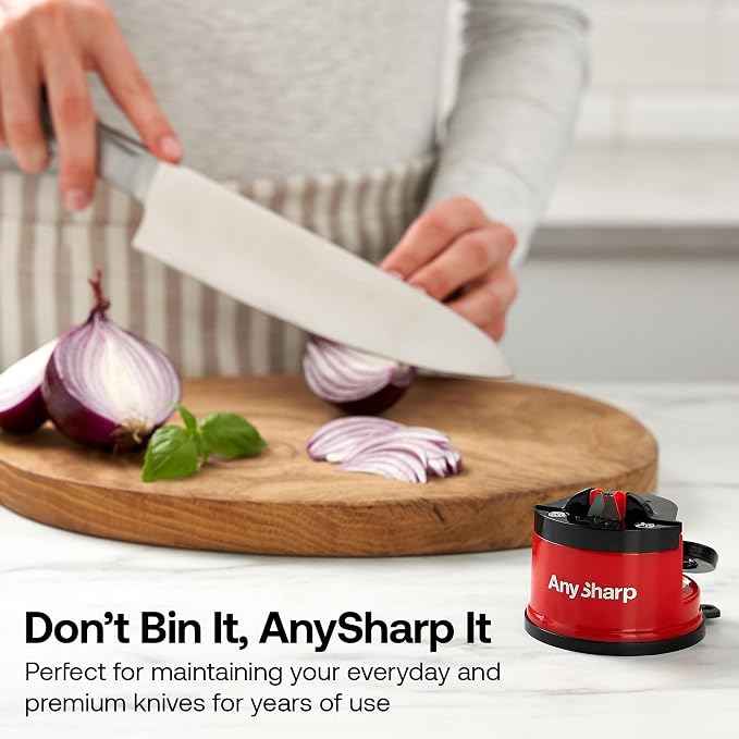 AnySharp – Global – Hands Free Knife Sharpener - Easy to Use Sharpening Tool with PowerGrip Suction Base and 20-Degree Pre-Set Angle - for All Knives: Chef's, Serrated, and Hardened Steel - Red