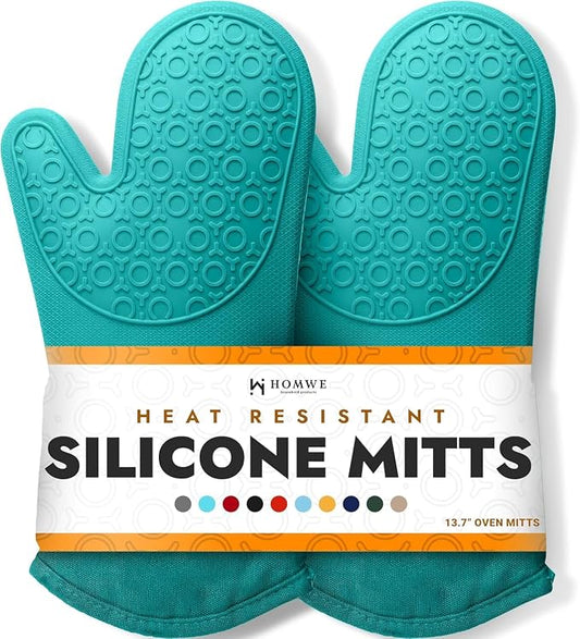 BPA-Free Soft Silicone Oven Mitts - Ultra Heat Resistant Oven Mitts with Thick Cotton Liner - Long Slip Resistant Pot Holders, Flexible Oven Gloves - Turquoise 13.7"