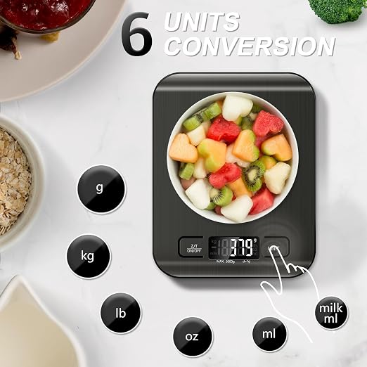 Food Scale, 11lb Kitchen Scale, 0.05oz/1g Weight Grams and Ounces, Black | 6 Conversion units,Automatic overload,Low battery warning modes,2*AAA Batteries,for Baking, Cooking,Dieting and Meal Prep