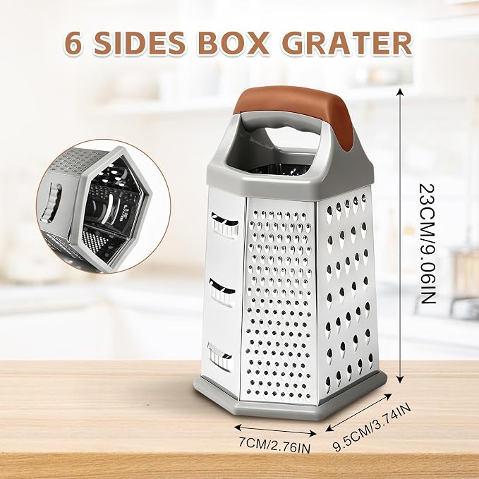Box grater for kitchen 6 Sided - Cheese Graters Handheld, Stainless Steel Shredder for Food Vegetable Carrot Potato Tomato (Brown)