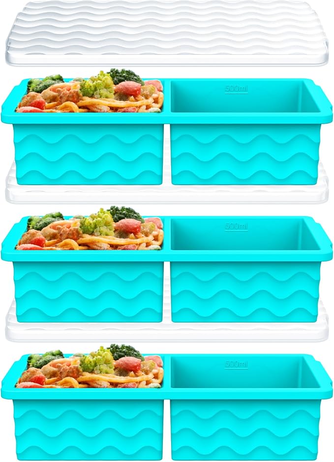 3-Pack Silicone Freezer Trays with Lid, Soup Freezer Container Molds, Silicone Freezer Molds, Ice Cube Tray for freezing Soup Sauce Broth Leftovers, Dishwasher & Oven Safe, BPA Free (2-cup,blue)
