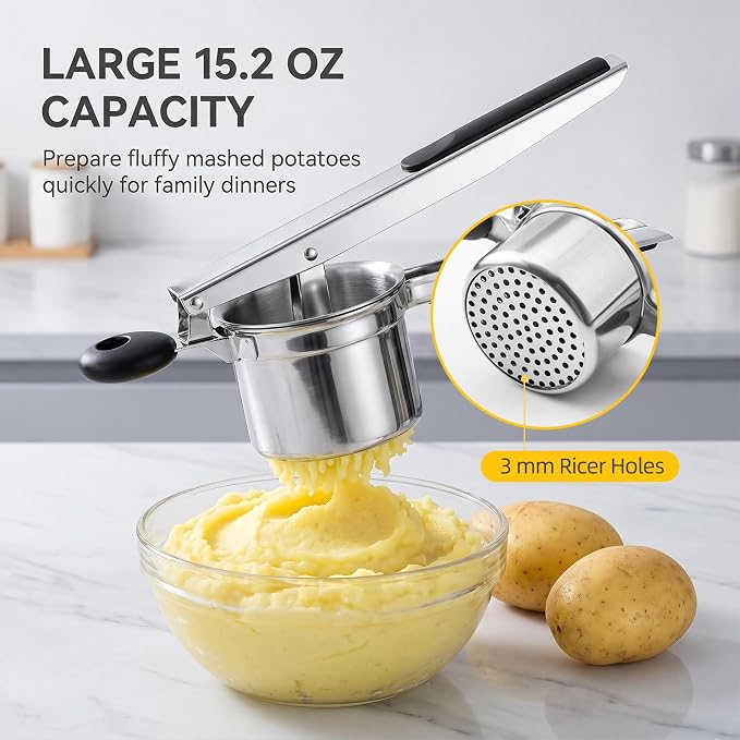 Stainless Steel Potato Ricer, Deep Bowl Potato Masher with Non-Slip Silicone Handle, Easy-Clean Durable Multi-Purpose Mashed Potato Ricer for Potatoes, Tomatoes and Soft Fruits(PR-01)