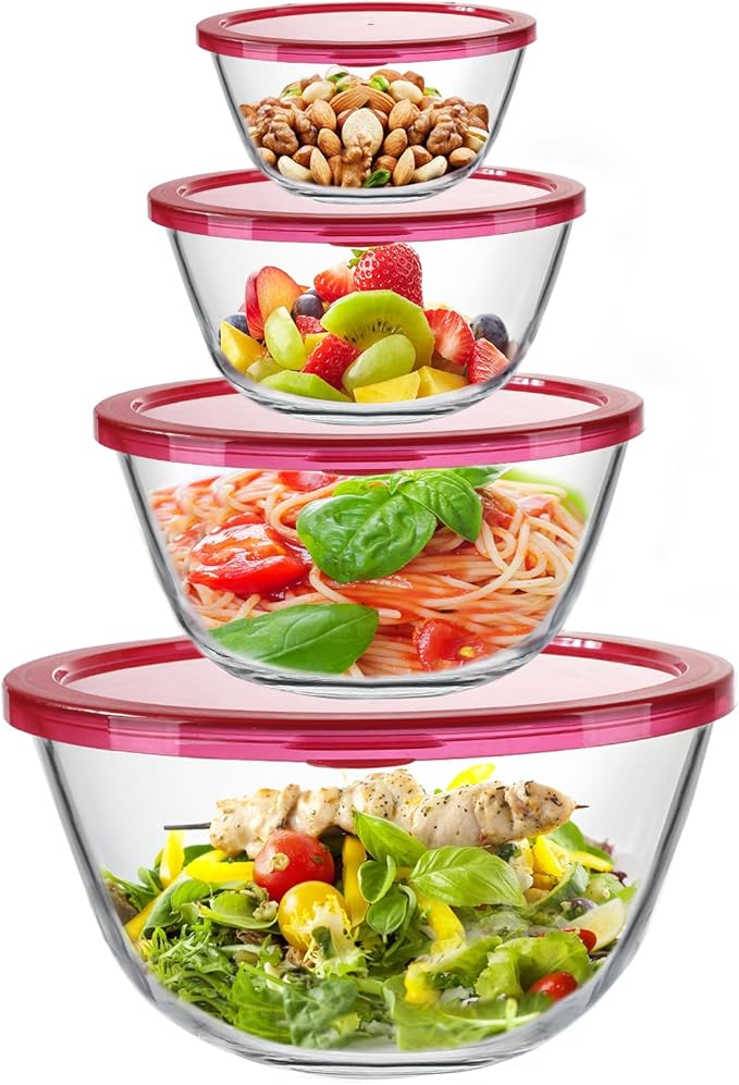 4 Pack Glass Mixing Bowls Set with Lids (4.8QT, 2.9QT, 1.7QT, 0.8QT) | Glass Nesting Bowls for Kitchen Baking, Cooking and Serving, Oven, Dishwasher, Freezer, and Microwave Safe