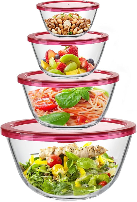4 Pack Glass Mixing Bowls Set with Lids (4.8QT, 2.9QT, 1.7QT, 0.8QT) | Glass Nesting Bowls for Kitchen Baking, Cooking and Serving, Oven, Dishwasher, Freezer, and Microwave Safe