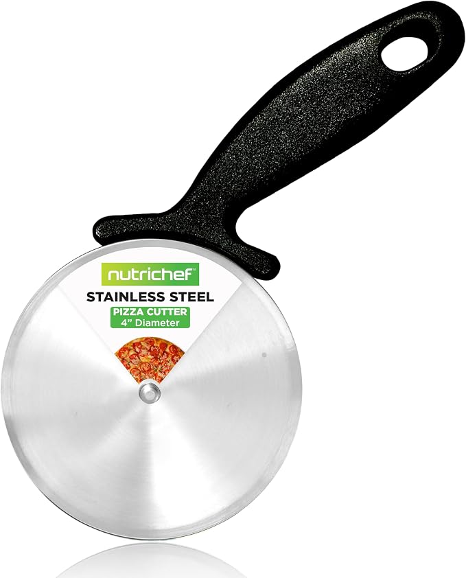 NutriChef 4-Inch Pizza Cutter Wheel - Sharp Stainless Steel Slicer with Built-in Finger Guard & Non-Slip Plastic Handle - Cuts Through Crusts, Bread, Pies, Dough, & More - Dishwasher Safe