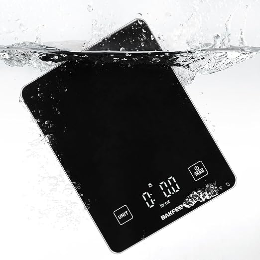 Waterproof Food Scale, 22lb Kitchen Scale, IP67, Rechargeable, Black | 1g Precision, Premium Tempered Glass, Clear LED Display, 6 Units, Tare, Ideal for Baking, Cooking, Making Sourdough Bread