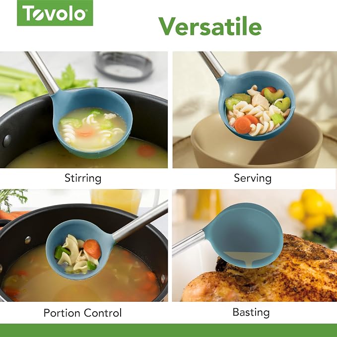 Tovolo Silicone Ladle with Stainless Steel Handle Blue Slate Soup Ladle Large, Dishwasher Safe Heat Resistant BPA Silicone Ladle Deep Spoon with Reinforced Nylon Core for Soup, Stew, Sauce & Punch