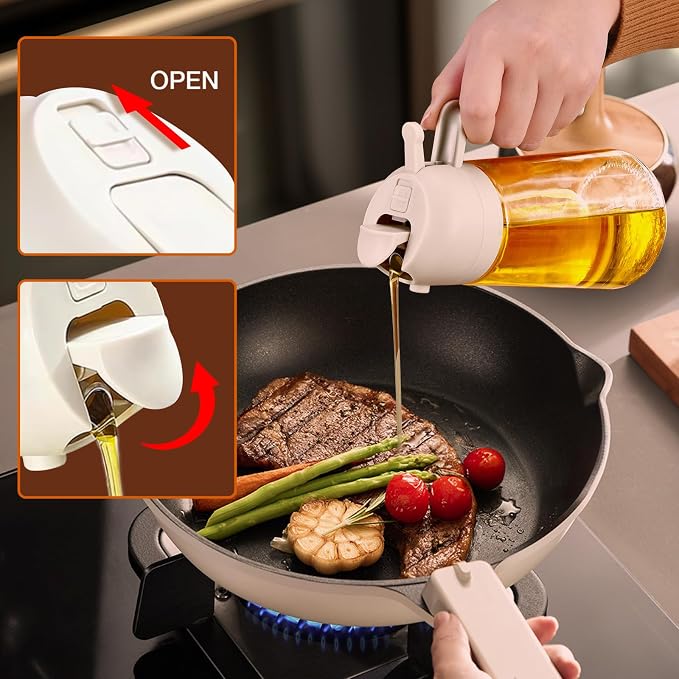 YARRAMATE 16 oz 2-in-1 Glass Olive Oil Sprayer for Cooking, Creamy White | Food-grade dispenser bottle, 470 ml, spray and pour, portion control, stickers included, for salad, frying and BBQ