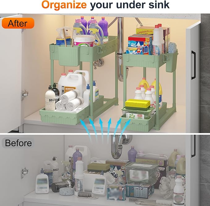 4-Pack 2-Tier Under Sink Organizer with Pull Out Drawers | Multi-use kitchen & bathroom storage. Includes hanging hooks and cups. Green, space-saving cabinet design. 14.8 Inch