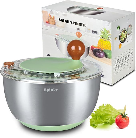 5.3Qt Stainless Steel Salad Spinner with Stop Button, Vegetable Dryer Spinner, Salad Spinner Stainless Steel with Drain, Non-Slip Base, Dishwasher Safe
