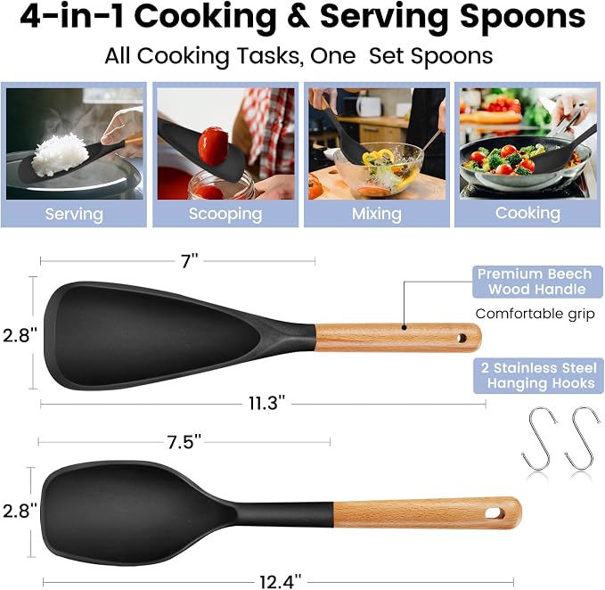 Large Silicone Cooking Spoons Set, 2 Pcs Heat Resistant Serving Spoon, Nonstick Multifunction Spatula Spoon, Kitchen Cucharras de Silicona Cocina for Mixing, Scooping, Scraping, Basting, Stiring