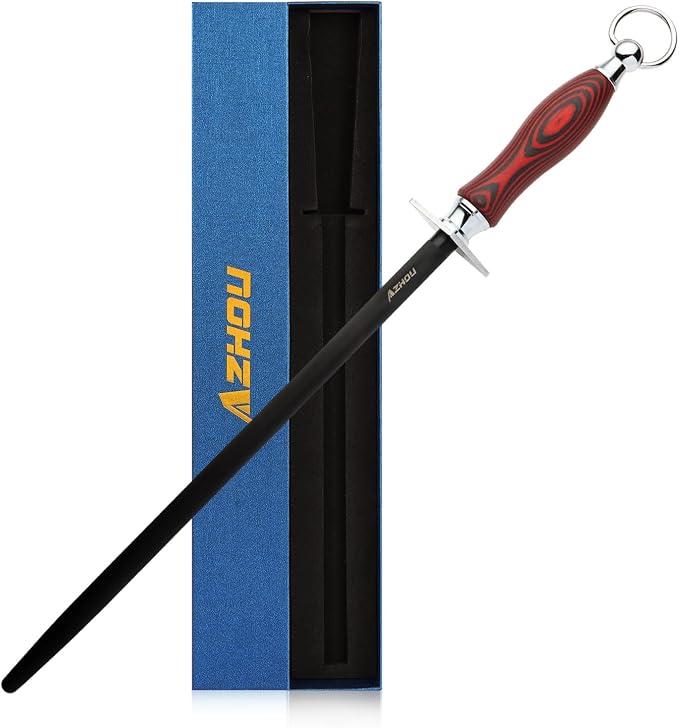 Azhou 12" Professional Knife Sharpener Steel Rod - German Carbon Steel (HRC 66±1), Fine 300 Grit for Kitchen & Chef Knives, Easy to Use with Non-Slip Wooden Handle & Gift Box