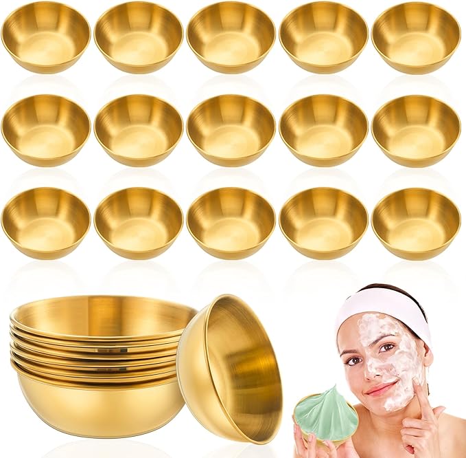Teenyyou 18 Pcs 3. 23 In DIY Face Mask Mixing Bowl Stainless Steel Esthetician Facial Mask Bowl Facial Small Mixing Esthetician Supplies for Lady Women Skincare Home Salon Cosmetic Beauty (Gold)