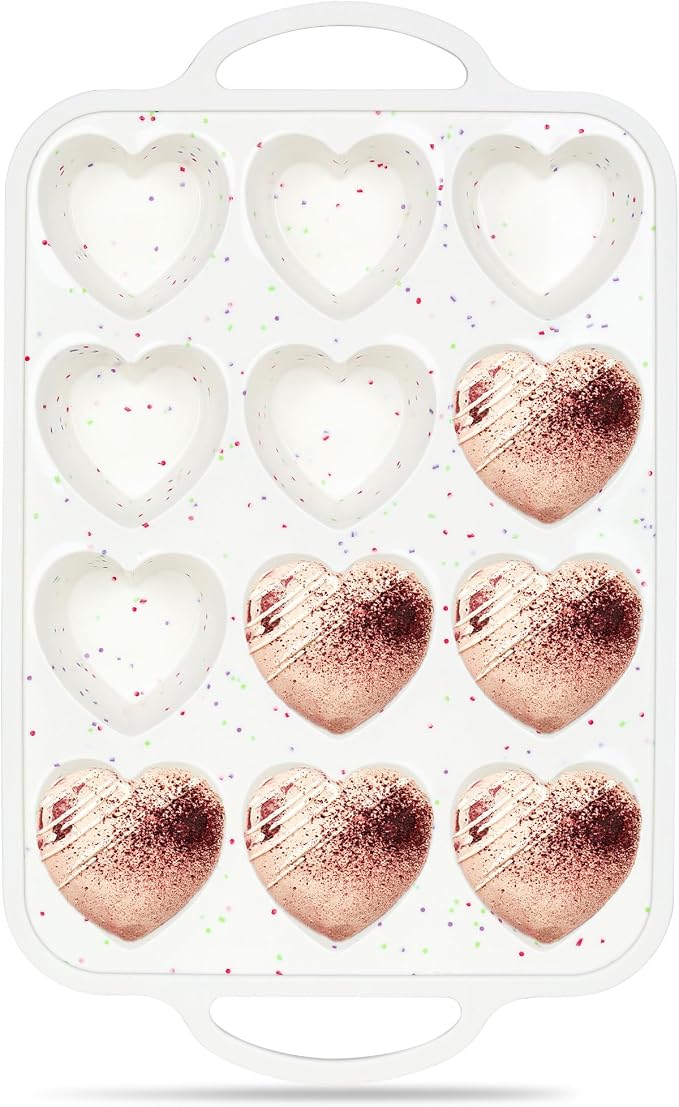 Heart Shaped Muffin Pan, 12 Cup, 2.5 Inch, Cream | Metal Reinforced Frame, Nonstick Silicone, Heart Cake Mold for Baking, Cupcake Tray