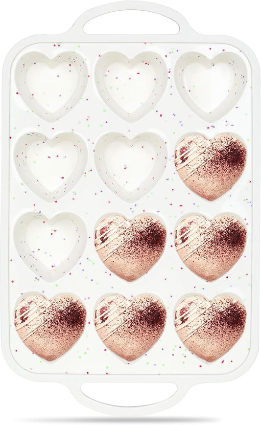 Heart Shaped Muffin Pan, 12 Cup, 2.5 Inch, Cream | Metal Reinforced Frame, Nonstick Silicone, Heart Cake Mold for Baking, Cupcake Tray