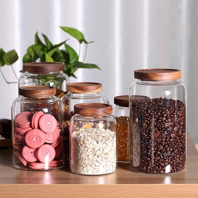 LEAVES AND TREES Y Thicken Glass Storage Jar, Food Storage Container/Canisters with Airtight Wooden Lid for Tea, Coffee, Honey, Cacao Powder,BPA Free Perfect as a Cereal Dispenser (7.6inch 2pcs)