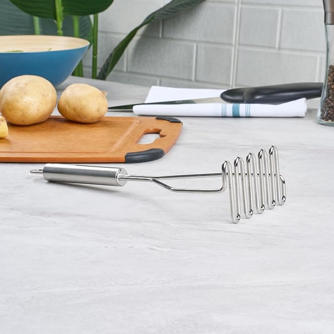 Restaurantware Stainless Steel Potato Masher - German Standard Heavy Duty Vegetable Masher, Ergonomic Handle, Dishwasher Safe - Avocado Guacamole Masher for Potatoes, Beans