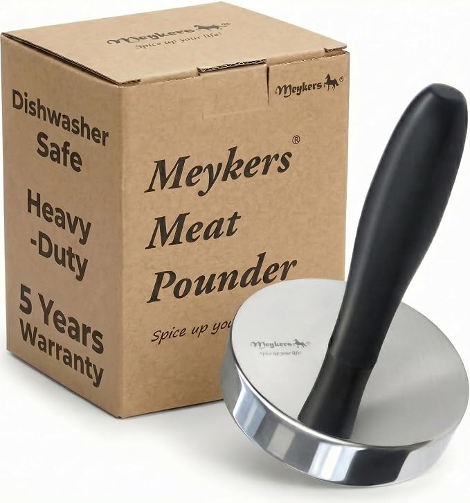 Meykers Meat Pounder Tenderizer | Smash Burger Press | 1.85 lb Heavy Duty | 304 Stainless Steel | Chicken Flattener Masher Beater Kitchen Tool | Aplanadora de Carnes y Pollo | Dishwasher Safe