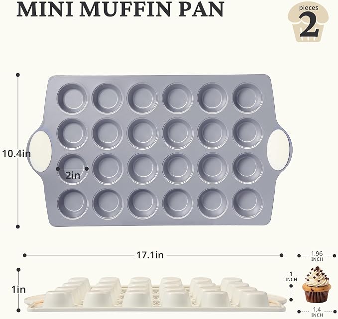 BRONYPRO Ceramic Mini Muffin Pan, 24-Cup Nonstick Aluminized Steel Mini Cupcake Pans, Healthy Non-Toxic Ceramic Coating Muffin Tin, 2 Pack Cup Cake Pans for Baking Cream