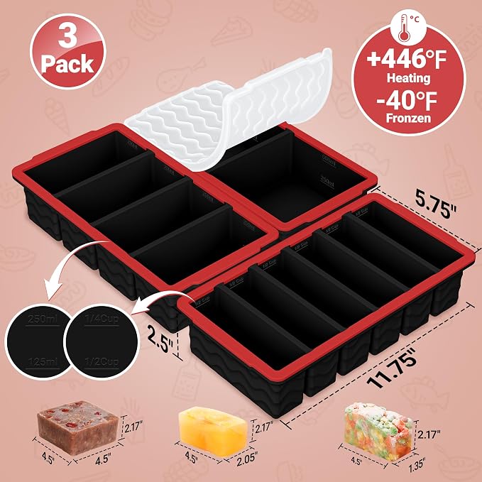 3-Pack Silicone Freezer Trays with Lid,2 Large 2-Cup(500ml)&4 Medium 1-Cup(250ml)&6 Small 1/2-Cup(125ml) Soup Freezer Container Molds,Ice Cube Tray For Meal Prep&Freezing Soup(Black with Red Trim)