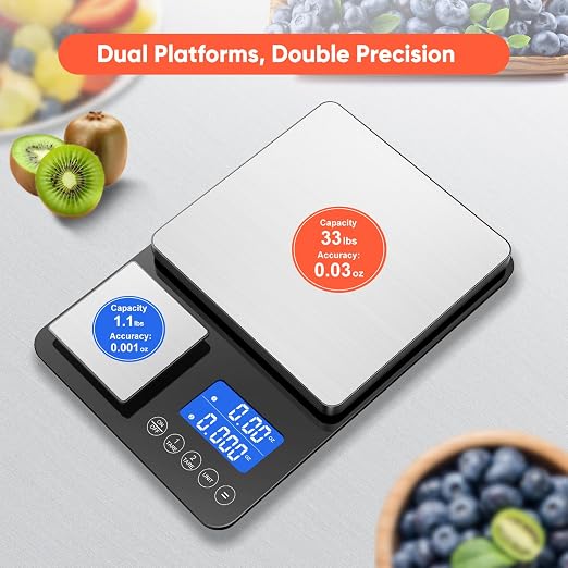 Dual Platform Digital Kitchen Scale, 33lb/15kg & 0.001oz/0.01g Precision, Two Scales in One, Coffee & Food Scale, Dual Display, Stainless Steel, Tare, g/oz/lb/ml