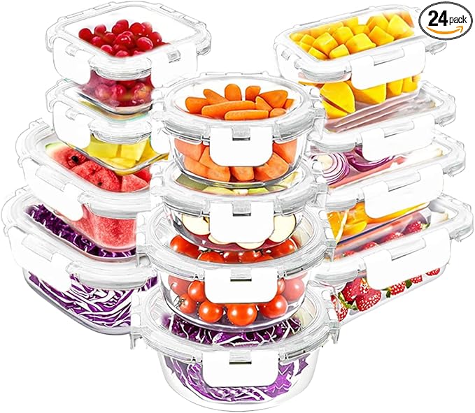 VERONES 12 Packs Glass Food Storage Containers Set with Lids, White | Airtight Glass Lunch Containers, Glass Meal Prep Containers with Lids, for Microwave, Oven, Freezer & Dishwasher Friendly