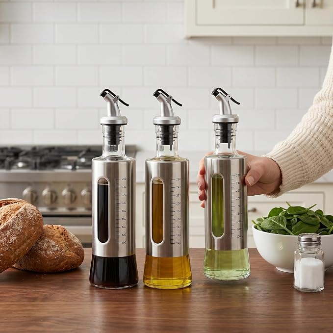 Olive Oil Dispenser for Kitchen, 4 Pack 10oz/300 ML Cooking Oil and Vinegar Dispenser Set with 20 Labels Stainless Steel Funnel, Olive Oil Bottle, Soy Sauce Dispenser, Coffee Syrup Bottles