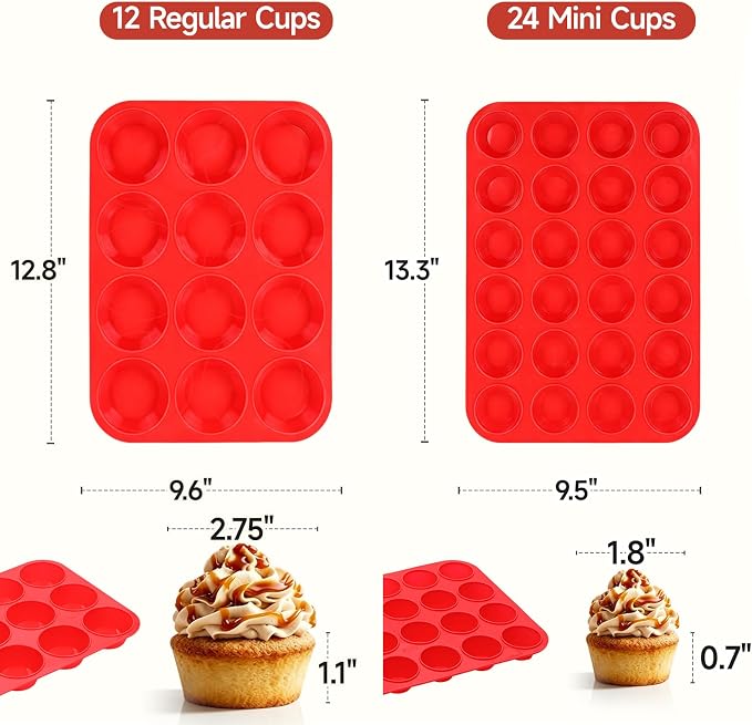 Silicone Muffin Pan, Mini Muffin Pan, Regular 12 Cups and Mini 24 Cups Cupcake Tin Set of 2 for Baking Egg Bites