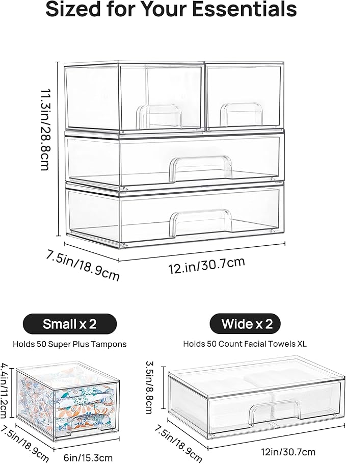 Vtopmart Clear Stackable Storage Drawers Set of 4, Plastic Organizer Bins | Multi-purpose Boxes for Bathroom Accessories, Beauty Supplies, Ideal for Cabinet, Shelf, Pantry, Laundry Room Organization