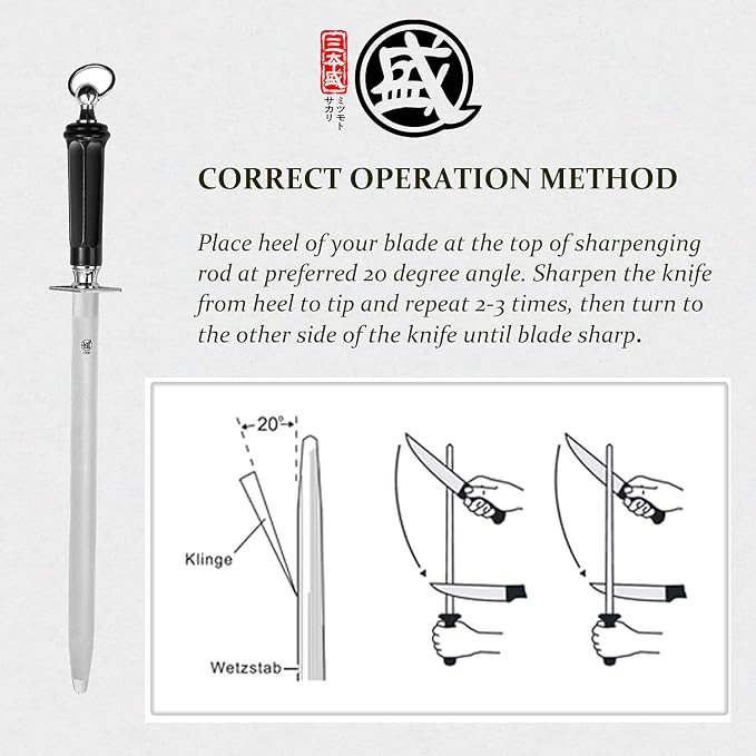 MITSUMOTO SAKARI 12-Inch Round Diamond Knife Sharpening Rod, ABS Handle | Long round diamond surface for larger knives, high carbon steel rod, ABS handle and built-in magnet