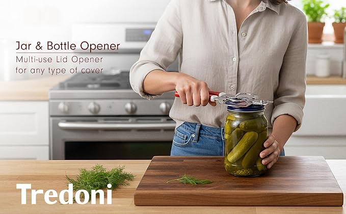 Tredoni Jar & Bottle Opener, Easy Wrench Grip/Tightened Lid Opener, Multi-Purpose Opener for Caps, Cans & Nuts -Italian Stainless Steel