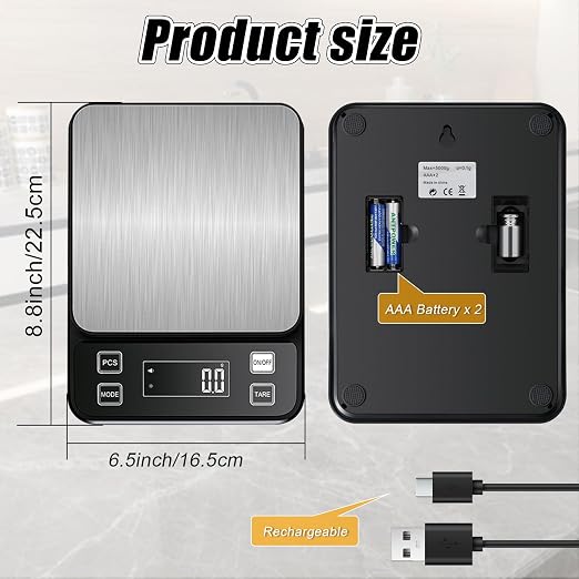 Waterproof Kitchen Scale, 5kg/11lb Food Scale Precisely Measures Grams and Ounces for Baking and Cooking, Stainless Stee Digital Scale with LCD Display Backlight for Food