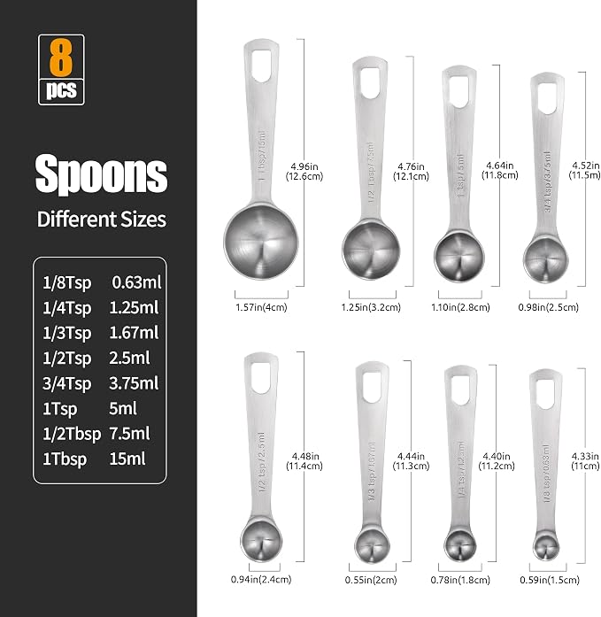 Doosu Measuring Spoons Set of 8-18/8 Stainless Steel Heavy Duty Teaspoons Tablespoons with Engraved Metric & US Measurements, Metal Measure Spoon for Dry and Liquid Ingredients, Dishwasher Safe