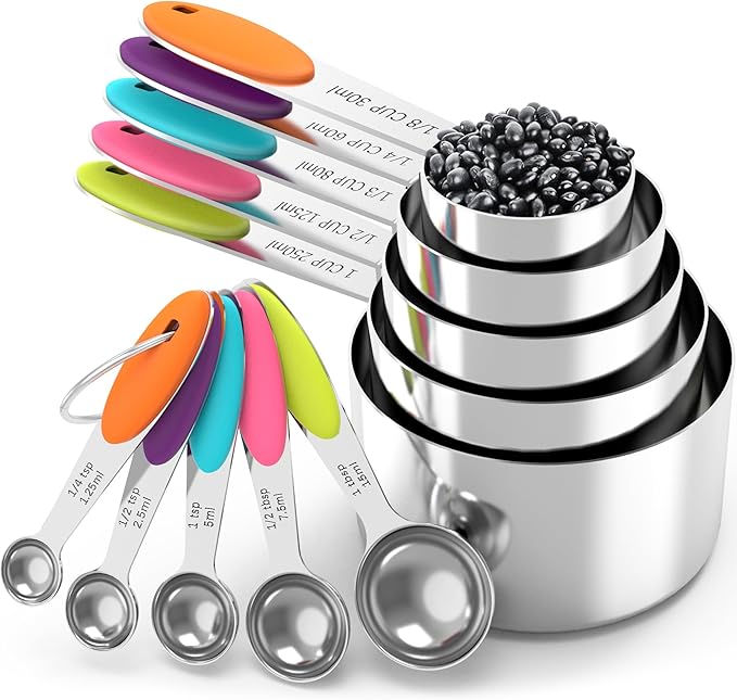Nesting Measuring Cups and Spoons Set, Stainless Steel with Soft Silicone Handle – Heavy Duty & Dishwasher Safe for Measuring Dry/Liquid Ingredients, Ideal for Cooking & Baking (10)