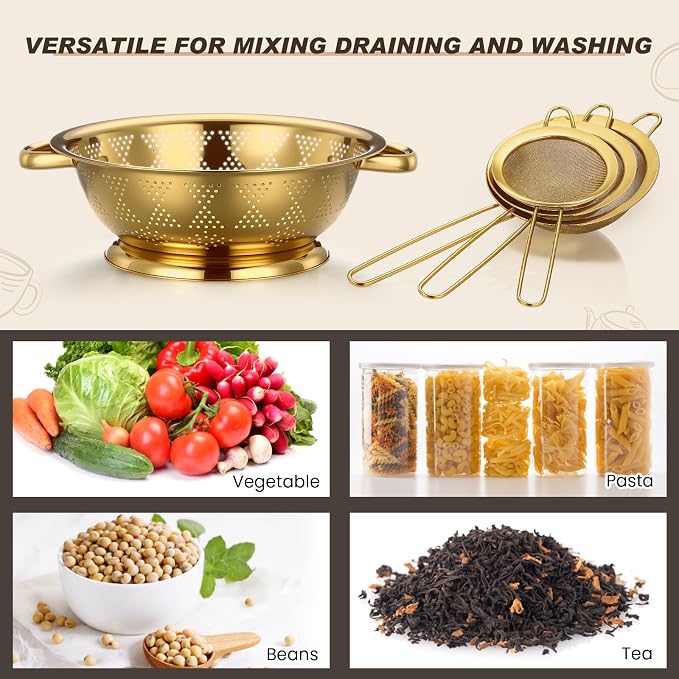 4 Pcs Gold Kitchen Accessories Includes Stainless Steel Colander and 3 Pcs Gold Fine Mesh Strainer Essential Kitchen Colander Strainers with Handles, Easy Clean and Dishwasher Safe (4.5 Qt)