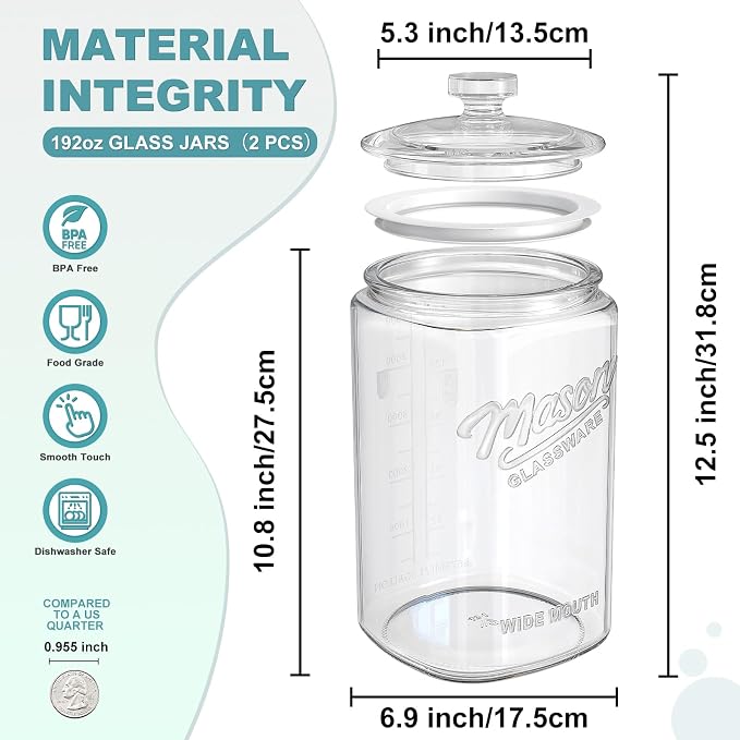 Ritayedet 2 Pack 1.5 Gallon Glass Jar with Lid, Wide Mouth Mason Jar | Sourdough Starter Jar with Scale Marking, Large Flour Sugar Container with Lid for Candy, Flour, Sugar, Coffee, Dog Treat