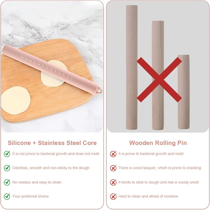 Non Stick Dough Roller Pins for Baking,Silicone Rolling Pin with Steel Core 10.39"/26.4cm (Pink)