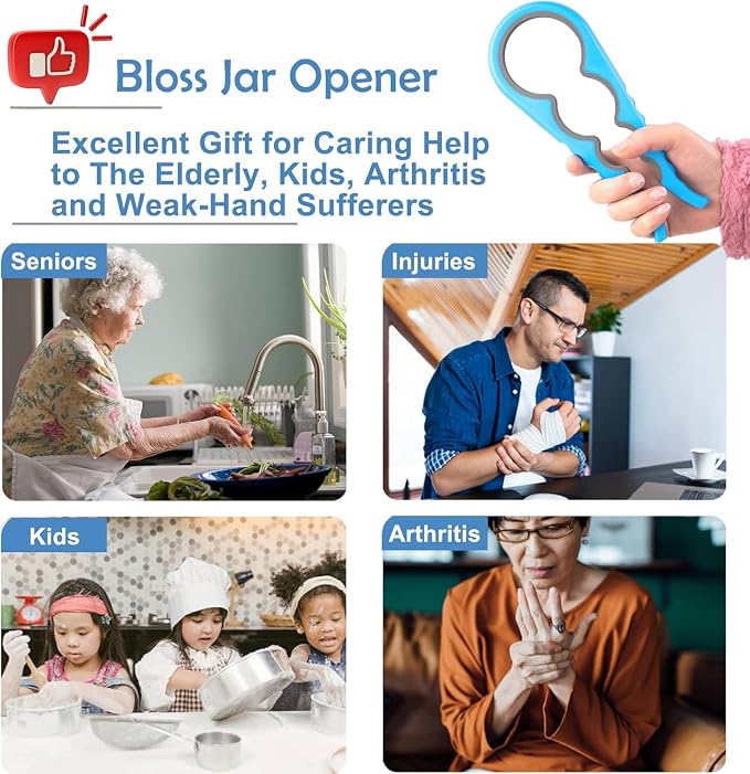 Bloss Jar Opener Can Opener Kitchen Grippers, Multi-use Lid Opener Set | Anti-skid Jar Openers for Weak hands, Seniors with Arthritis, Includes Non-slip Rubber Gripper Pad & Wine Opener, Blue
