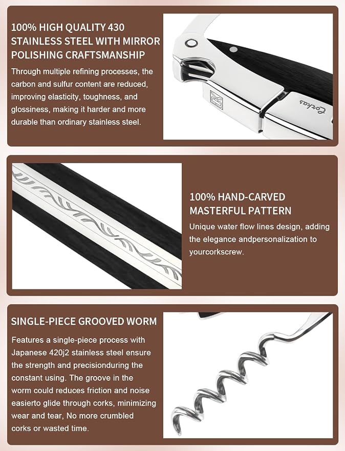 Wine Key - CORKAS Prestige Waiter Corkscrew with Ebony Handle, Handcrafted Wine Opener Manual with Double Hinged, Foil Cutter and Bottle Opener, Ideal Gifts for Sommelier, Bartenders, Servers