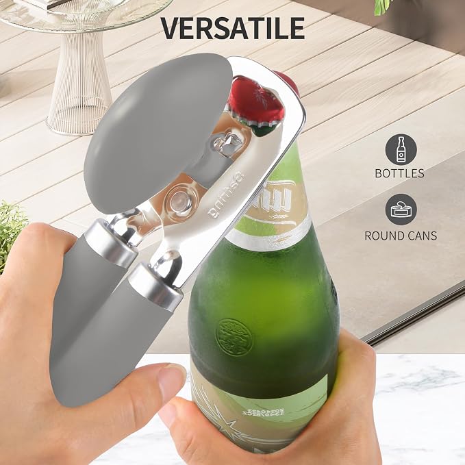 Safring Can Opener Manual, Heavy Duty Stainless Steel Smooth Edge Can Opener With Soft Touch Handle, Oversized Handheld Easy Turn Knob, Multi-Function Bottle Opener, Gray