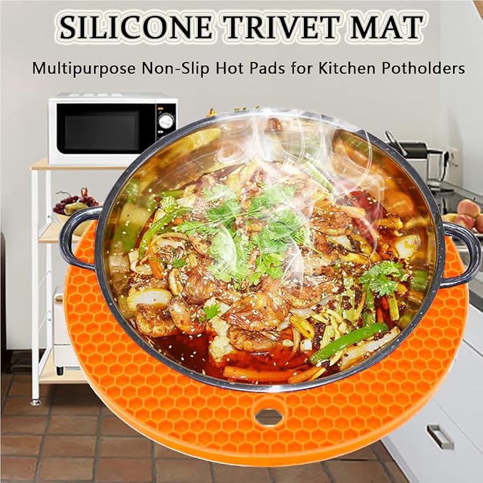 Silicone Trivet Pot Mat, Silicone Pot Holders for Hot Pan and Pot Pads. Heat Resistant Counter Mats for Tables Placemats,Countertops, Spoon Rest and Large Coasters (4Pack Orange)
