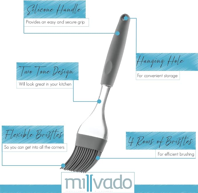 Millvado Silicone Basting Brush: Heat Resistant Cooking Brush for Oil and Sauce - Flexible Food Brush - Dishwasher Safe Basting Brush for Cooking – Gray Silicone Pastry Brush/BBQ Brushes for Sauce