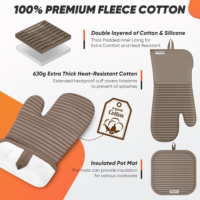Oven Mitts Kitchen Towels and Dishcloths with Pot Holders Sets, Oven Gloves Hot Pads 500°F Heat Resistant with Silicone Grip, Include 2 Cooking Gloves/2 Potholders/4 Kitchen Towels/4 Dish Towels