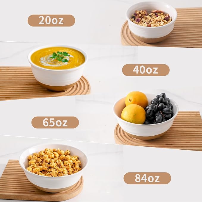 HASENSE Ceramic Serving Bowls Set of 4, 2.1/1.5/1.0/0.5 Qt White & Terracotta Stoneware Mixing Bowls, Farmhouse Bowls for Cooking, Prepping, Salad & Soup, Dishwasher & Microwave Safe, Serving Dishes