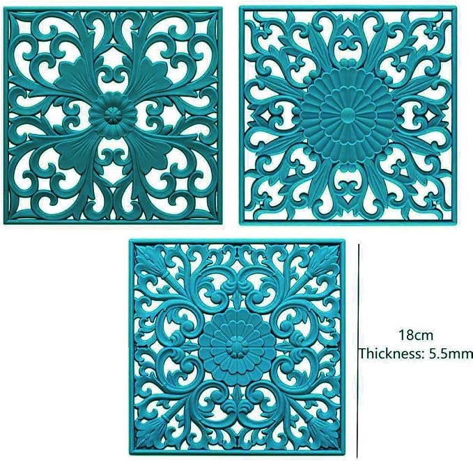 Silicone Trivets for Hot Dishes, Square Trivet Hot Pads for Kitchen Counter, Trivets Mats for Hot Pots and Pans, Thick Heat Resistant Mat for Quartzs, Kitchen Tabletops Pot Holder Set 3 Teal