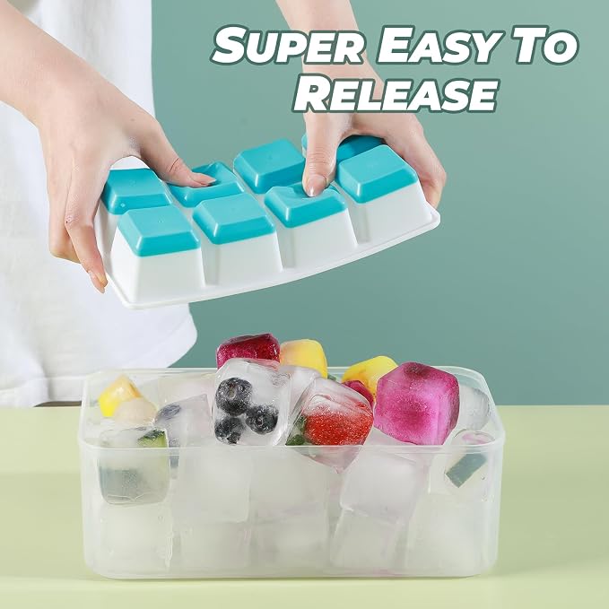 Large Ice Cube Trays with Lid, Jrisbo 2 Pack Stackable Silicone Ice Cube Molds for Freezer, Easy Release 16 Big Square Ice Trays for Whisky Cocktails (2 Blue 2 Green)