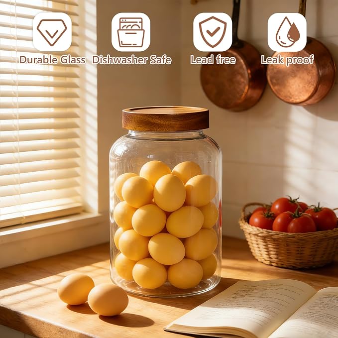 KEYWING 1 Gallon Glass Jars w/Acacia Lids for Flour & Rice Containers 2Pcs | Large Wide Mouth Airtight Food Storage Containers, Pantry Kitchen Organizer for Egg Sugar Cereal -3800ml with 126 Labels