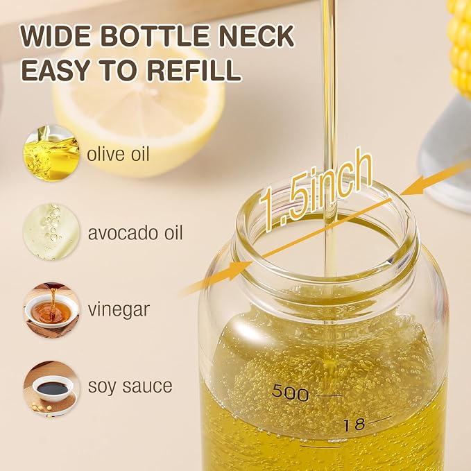 Vucchini Large Olive Oil Dispenser Bottle 17 oz Glass | Auto Flip Condiment Container Leakproof Vinegar Dispenser Cruet Stainless Steel