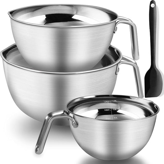 3PCS Stainless Steel Mixing Bowls ,Nesting Bowls With Silicone Spatula | 304 food-grade steel, rust-resistant. 3 sizes:1.1/1.8/2.3qt for mixing, salads, melting. Dishwasher & freezer safe
