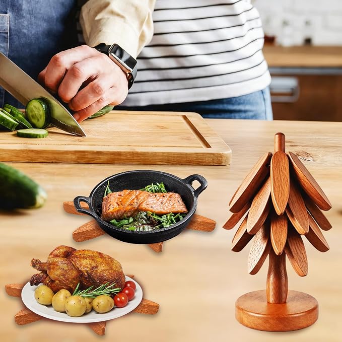 Wooden Tree Trivet Set - 4 Heat-Resistant Sapele Wood Trivets with Stand for Hot Pots and Pans, Kitchen Countertop Protection, Christmas Tree Design Wooden Pot Holders